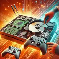 An image focused on hard drive replacement for Xbox One, S, and X consoles. The image shows an Xbox console with an open hard drive compartment