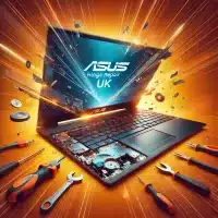 Asus laptop with a damaged hinge, emphasizing the need for repair in the UK.