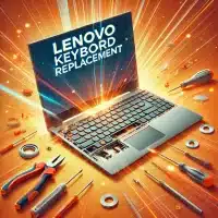 Lenovo laptop keyboard replacement. The laptop is shown with the keyboard partially removed or being replaced