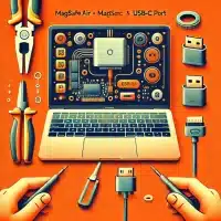 MacBook Air MagSafe and USB-C port repairs. Use a vibrant orange background. Display a MacBook Air