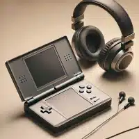 Nintendo DS with a set of headphones sitting beside it.