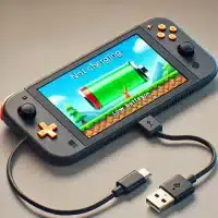 Nintendo Switch Lite with a USB-C to USB-C charging cable plugged in but not charging.