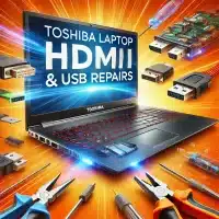 Toshiba laptop HDMI and USB port repairs. The laptop is shown with the HDMI and USB ports clearly visible