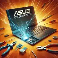 an Asus laptop with a broken charging port, emphasizing the need for repair.