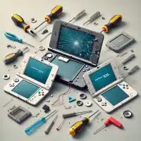 an image focused on the screen repair of Nintendo 2DS, 3DS, and 3DS XL. The image features all three devices with their screens visibly broken