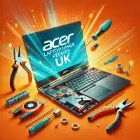acer laptop hinge repairs, emphasizing the service in the UK. The laptop is shown with the hinge broken