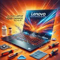 focused on Lenovo laptop liquid damage repair. The laptop is shown with water or liquid visibly damaged