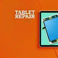 tablet repair services. Use a vibrant orange background. Display a tablet prominently,