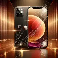 showing an iPhone 12 with a blurred, smashed screen. The iPhone 12