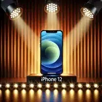 A visually appealing image optimized for an online store showing an iPhone 12 with its screen illuminated by stage lights. The iPhone 12 is prominent on the stage