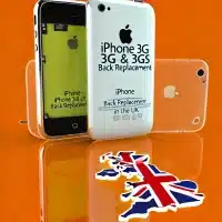 iPhone 3G and 3GS back replacement in the UK. Use a vibrant orange background. Display the iPhones