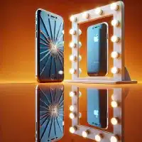 iPhone 6 with a cracked screen looking in the mirror at a phone that's not broken