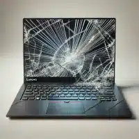 A Lenovo laptop with a broken screen. The screen is visibly shattered or cracked.