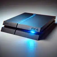 A PlayStation 4 (PS4) console with the blue light flashing.