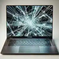 A Toshiba laptop with a broken screen. The screen should be visibly shattered or cracked, with lines and distortion clearly