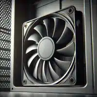 A close-up, realistic photo of a PC fan. The image focus on the fan blades, showing the details and texture of the fan within a desktop PC case