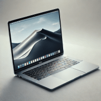 A modern MacBook, showcasing its new battery. The MacBook is open, with the screen displaying a sand storm.