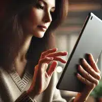 A photo of a woman using an iPad. The image shows the woman sitting or standing while interacting with the iPad, holding it in her hand
