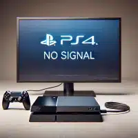 A realistic photo of a PlayStation 4 (PS4) console connected to a television or monitor that is showing no display, in need of a HDMI repair.