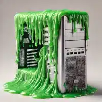 A realistic photo of a desktop PC with green slime oozing out of it. The image represents a computer virus