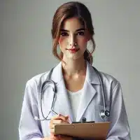 A realistic photo of a female pc doctor holding a clipboard. The doctor should be dressed in a white lab coat, with a stethoscope around her neck.
