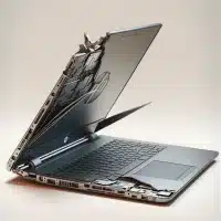 A realistic photo of an HP laptop with a loose hinge. A broken hinge needing repair