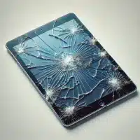 A realistic photo of an iPad with a cracked screen. In need of repair