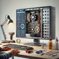 A realistic photo representing a PC MOT (Maintenance and Optimization Test). The image features a desktop PC on a workbench or table with tools