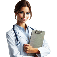A female_doctor_holding_a_clipboard. advertising computer health checks