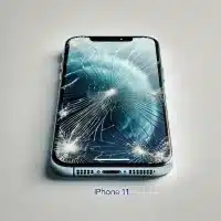 An iPhone 11 with a crack in the screen. The focus should be on the damaged front glass, with visible cracks running across