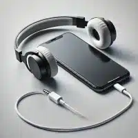 An iPhone connected to a pair of headphones. Indicating it needs repair.
