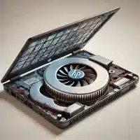 HP laptop with its cooling fan partially hanging out of the casing. Needing a fan repair or replacement