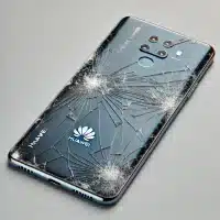 HUAWEI smartphone with the back glass broken. Advertising we fix backs on phones