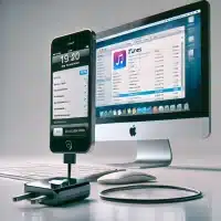 Image of an iPhone plugged into a computer with iTunes open on the screen. The iPhone should be connected via a charging cable to reset.