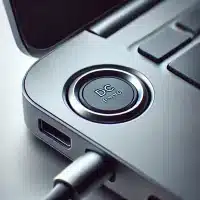 Laptop focusing on the round DC charging port, similar to the typical laptop charging port.
