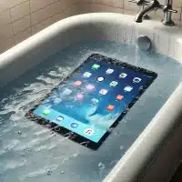 iPad submerged in a bath of water. The image should indicate the need for water or liquid damage repair