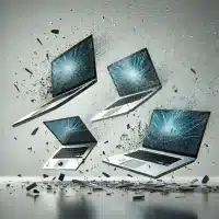 image capturing the dramatic moment of three laptops falling to the floor, with their screens visibly breaking.