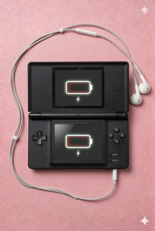 A replacement 3.5mm headphone jack component for a Nintendo 3DS XL, shown on a solid light pink background for Atlantis UK-wide console repair services.