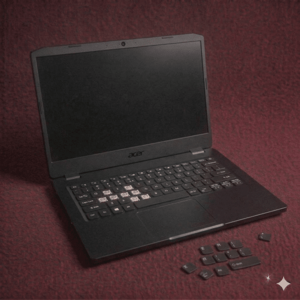 A high-quality replacement QWERTY keyboard for an Acer laptop featuring a dedicated numeric keypad and internal flex cable, shown on a solid light pink background for Atlantis repair services.