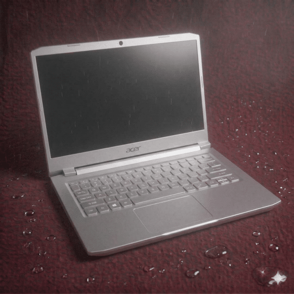 A professional technician using a microscope to identify and remove corrosion from an Acer Nitro motherboard after a liquid spill, shown on a solid light pink background for Atlantis repair services.