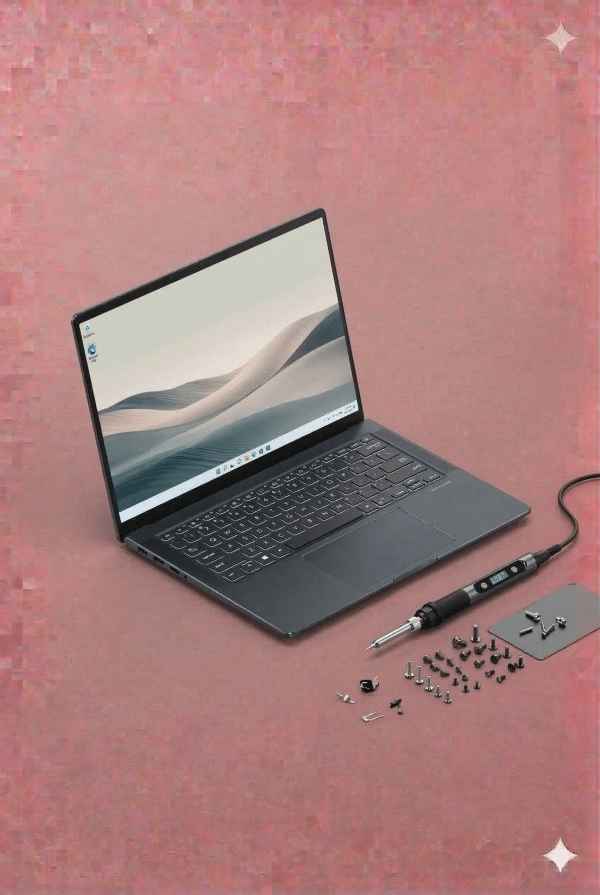 A professional technician performing component-level motherboard repair on an Asus ZenBook using a micro-soldering station, shown on a solid light pink background for Atlantis UK-wide services.