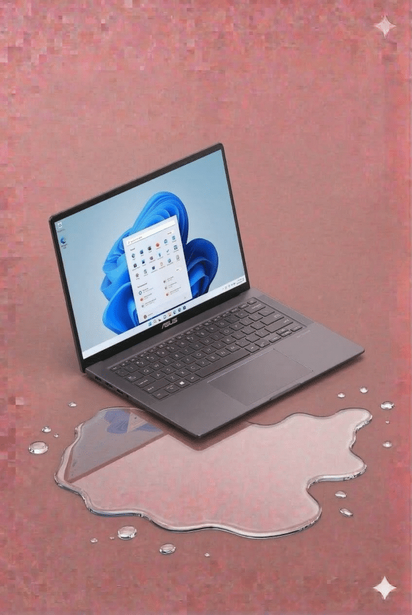 An Asus laptop motherboard undergoing professional ultrasonic cleaning and corrosion treatment for liquid damage, displayed on a solid light pink background for Atlantis UK-wide repair services.