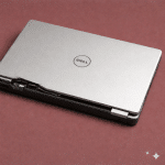 A close-up of a precision metal Dell laptop hinge being reinforced and mounted back into a reinforced chassis, positioned on a solid light pink background for Atlantis repair services.