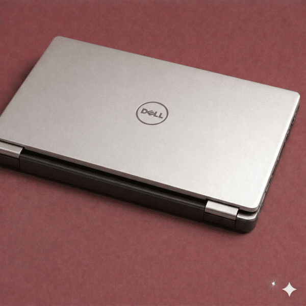 A professional technician performing precision micro-soldering on a Dell laptop motherboard using a specialist microscope and soldering iron, shown on a solid light pink background for Atlantis repair services.