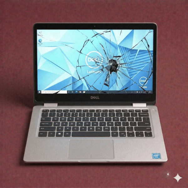 A premium replacement InfinityEdge 4K OLED and Full HD LCD display panel for a Dell laptop, positioned on a solid light pink background for Atlantis repair services.