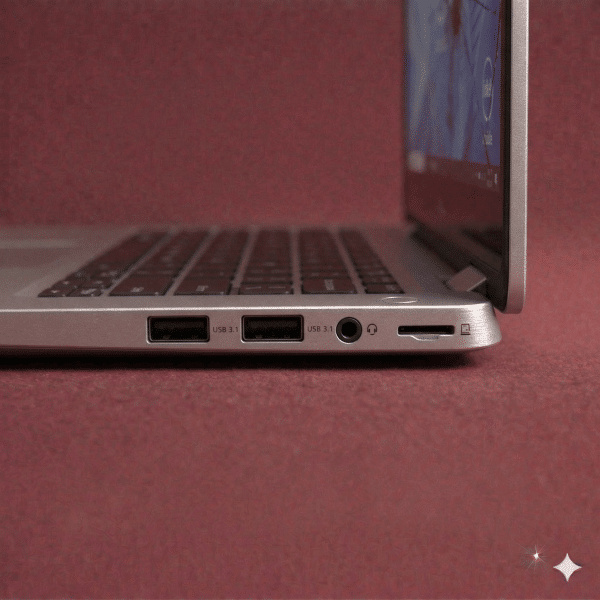 A close-up of a high-quality replacement internal USB-C and USB 3.0 port assembly for a Dell laptop motherboard, positioned on a solid light pink background for Atlantis repair services.