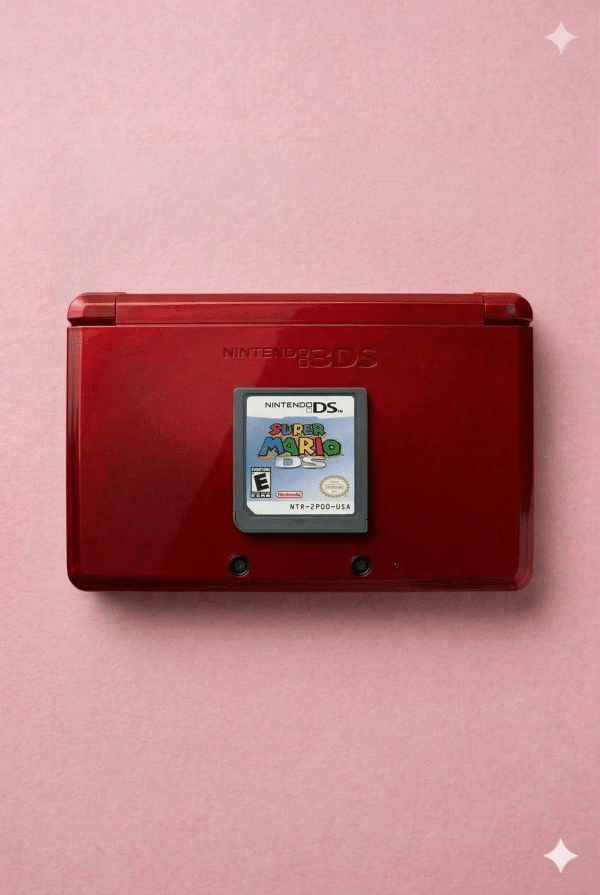 A premium replacement 3DS game card slot with 17-pin gold contacts for a Nintendo 3DS XL, displayed on a solid light pink background for Atlantis UK-wide console repair services.