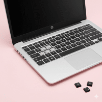 Professional 1:1 square studio photograph of a silver HP laptop with several missing keys on the keyboard and loose keycaps resting on the light pink surface for Atlantis keyboard repair services