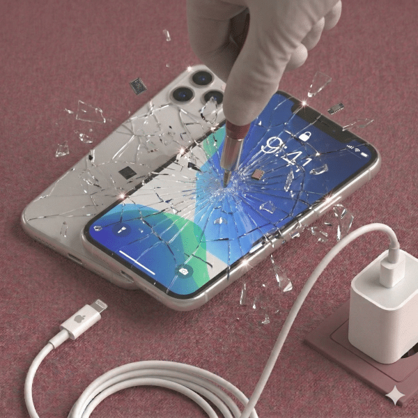 A professional technician installing a high-quality replacement Liquid Retina LCD screen for the iPhone 11, shown on a solid light pink background for Atlantis repair services.