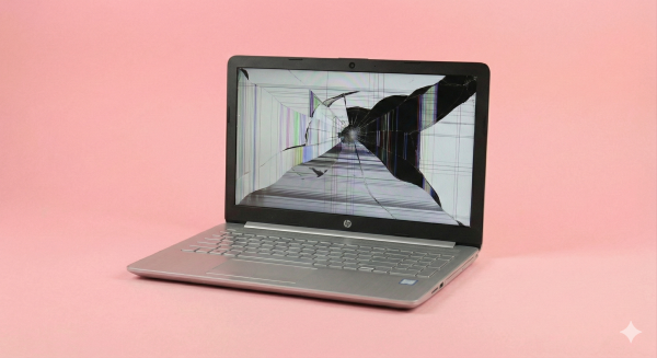 Professional studio photograph of a silver HP laptop with a severely smashed LED screen showing colourful vertical lines and black ink spots, isolated on a light pink background for Atlantis Canterbury repair services.